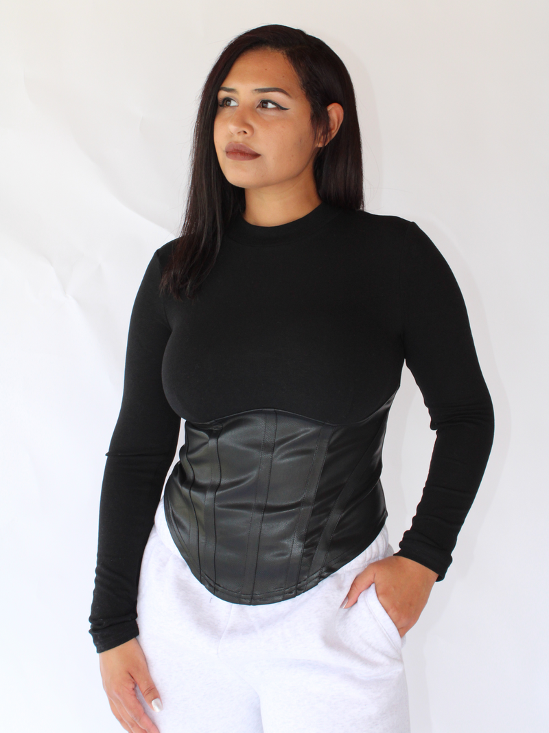 Rebel Edge Corset Top – Edgy Long Sleeve Faux Leather Top for