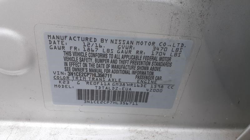 2017 NISSAN VERSA 17 (1.6L VIN C 4th Digit HR16DE) Engine Assembly