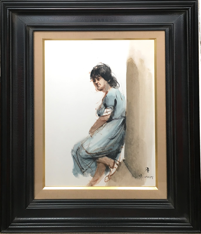 平野遼/塀にもたれる女/紙に彩色/絵画販売