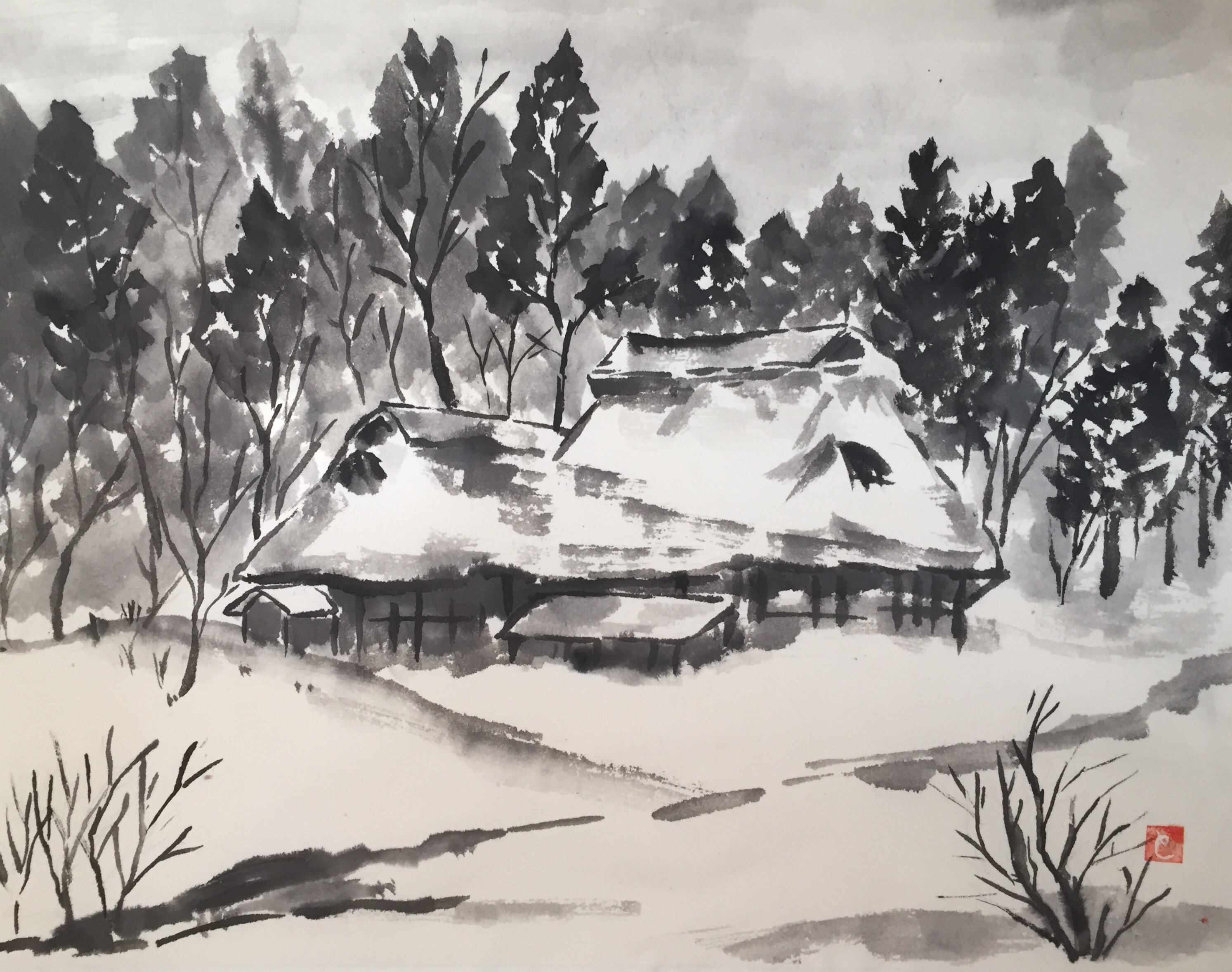 水墨画 雪景色 山水画 日本画 冬・梅 2点セット 水墨画 雪景色 山水画