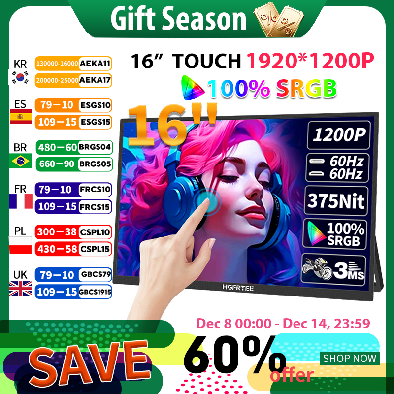 HGFRTEE 16 インチ タッチ ポータブル モニター 16:10 96%sRGB 350Cd