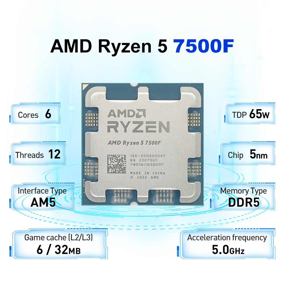 AMD Ryzen 5 7500F 3.7GHz L3=32M R5 7500F Processor 6-Core 12