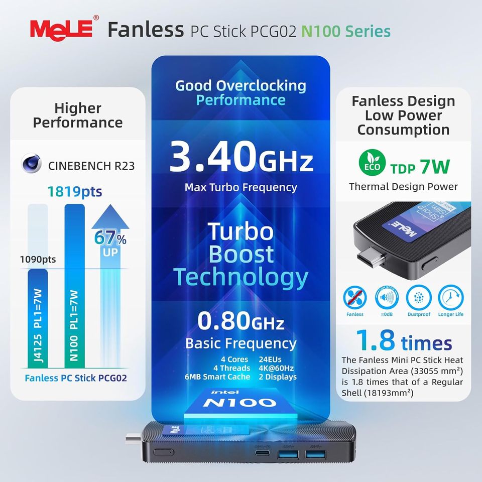 MeLE Fanless Mini PC Stick PCG02,N100 8GB LPDDR4x 256GB,Mini