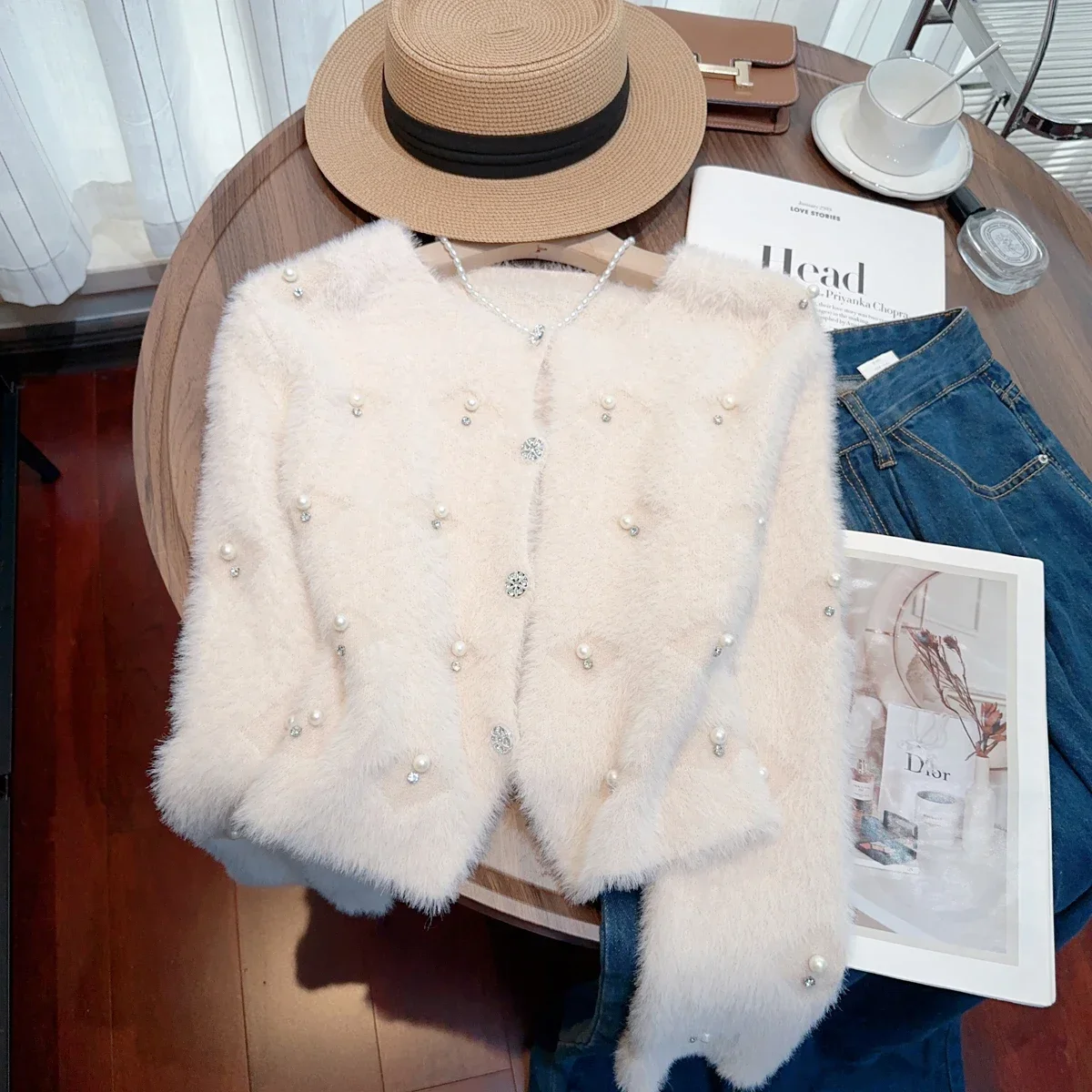 Pink Peals Diamonds Beading Mink Cashmere Sweater Jackets Women's