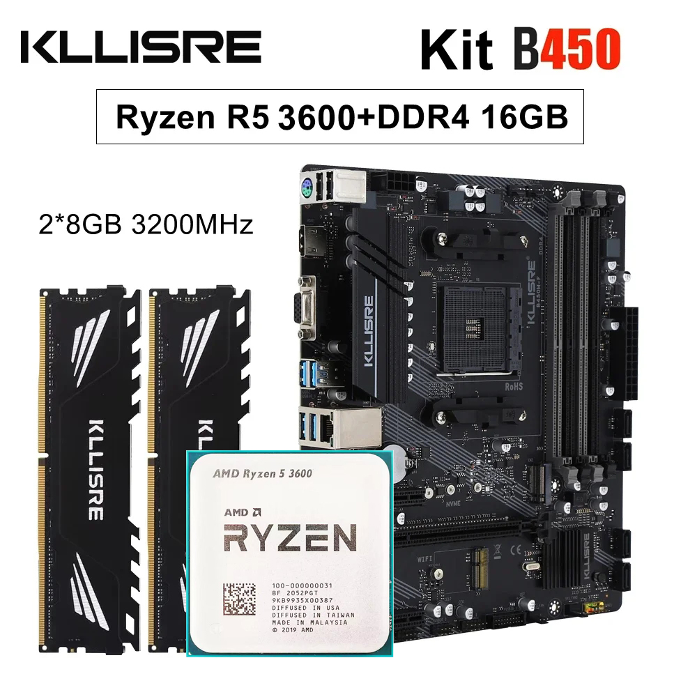 Kllisre B450 Kit AMD Ryzen 5 R5 3600 CPU DDR4 16GB (2x8GB) 3200MHz