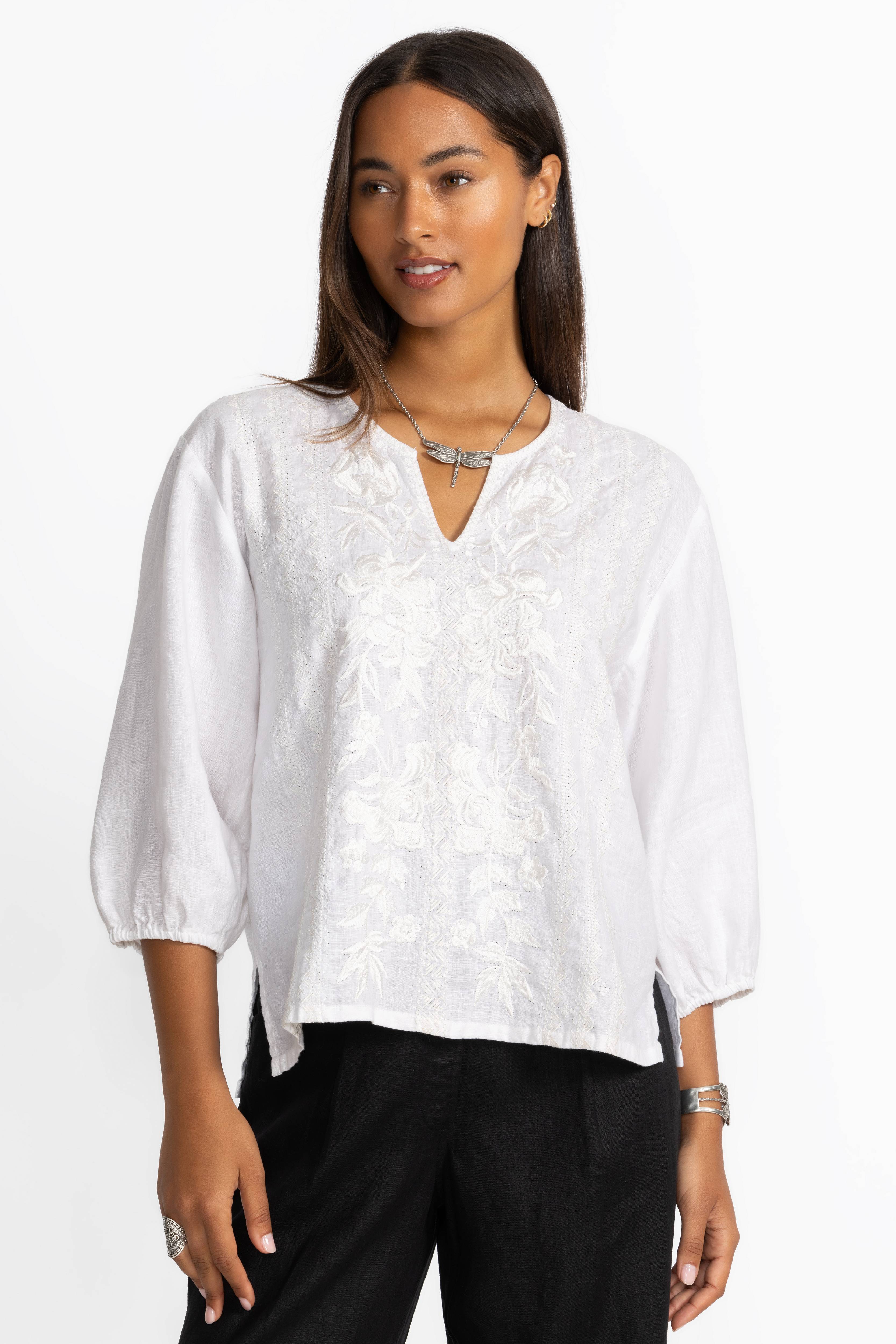 Buy SPLIT NECK LINEN BLOUSE | Johnny Was