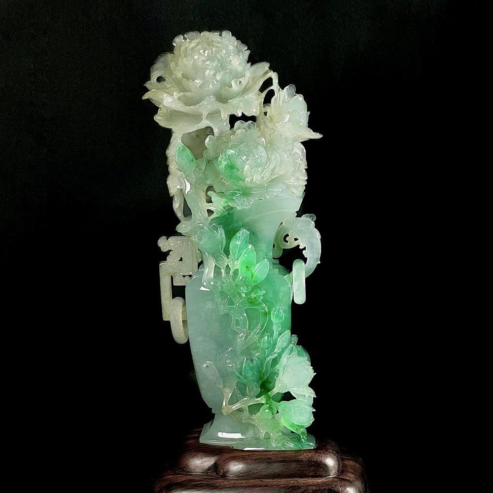 玻璃種冰三彩翡翠擺件花開富貴