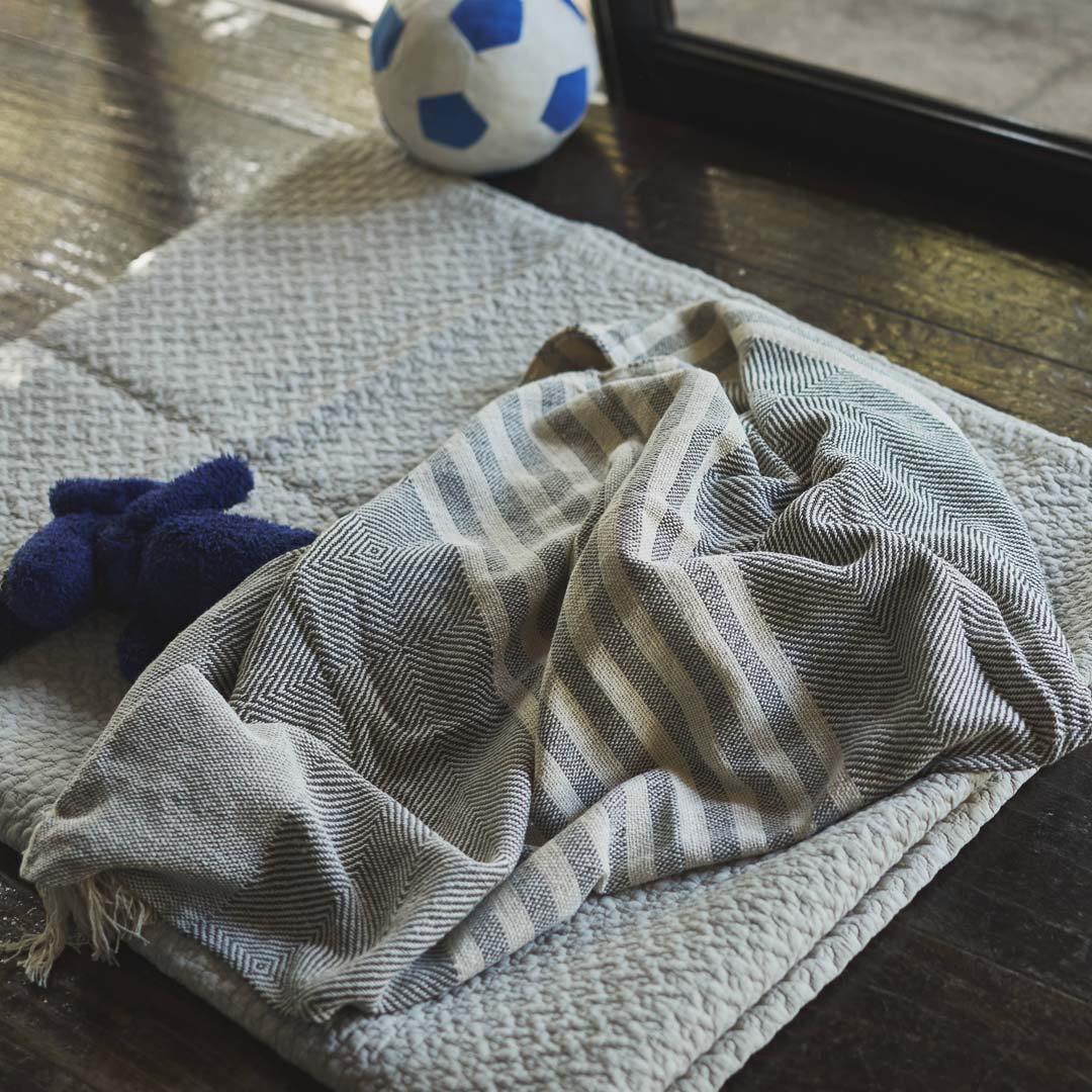 フリンジ付きランダムストライプ柄コットンブランケット/LGY‐【公式