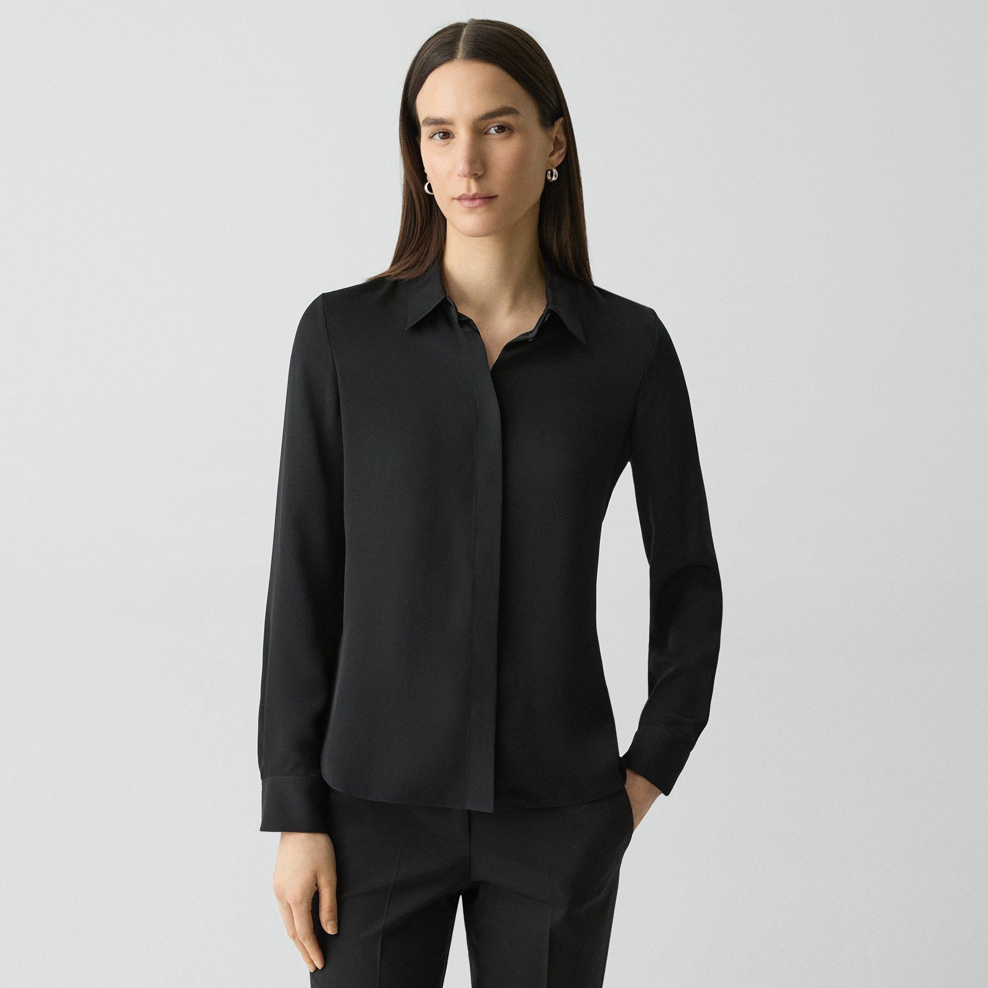 Fitted Shirt in Silk Georgette in Black | Women's Tailored Blouse