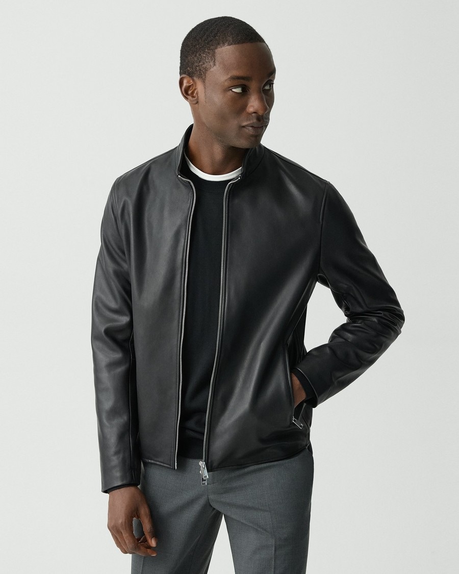 Black Morvek Zip Jacket in Leather | Men's Leather Jacket | Theory