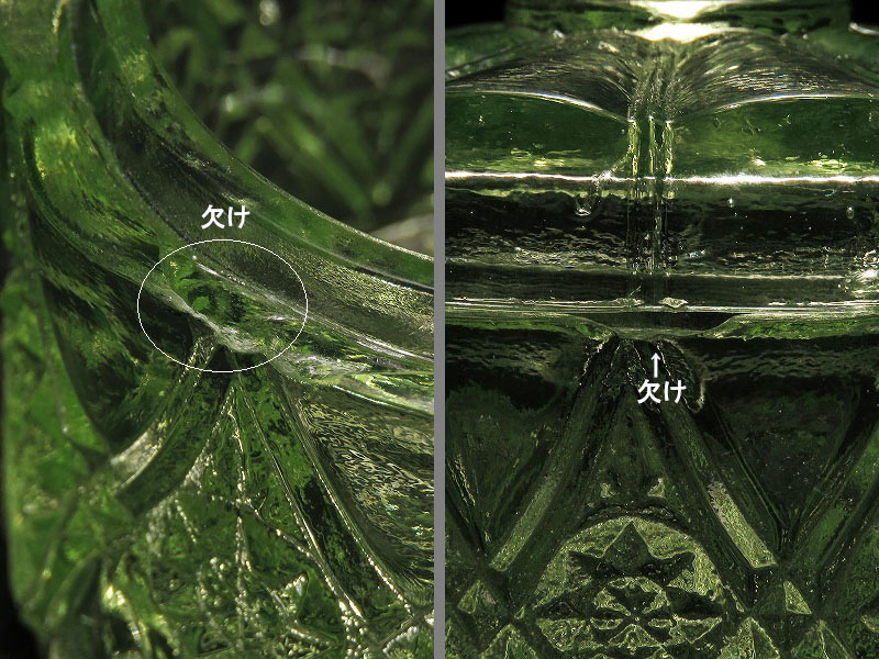 カットが美しいウランガラスの蓋付き小物入れ（ヴァセリンガラス