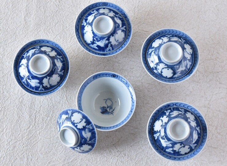 古伊万里 染付 雪輪鷺模様 白抜き 小ぶりの蓋付茶碗 5客セット - 生活