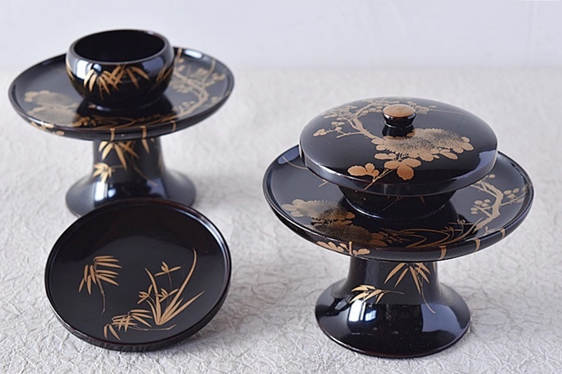 天然木製漆塗 四君子 金蒔絵 高茶台 天目台 2客セット - 生活骨董と