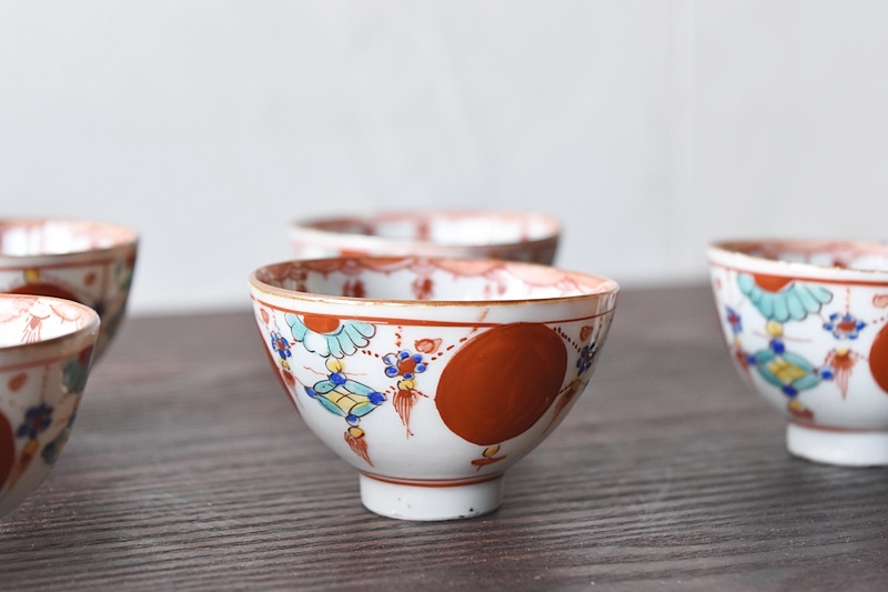 九谷 赤玉瓔珞模様 茶器 ぐい吞み 5客セット（内1客ひびあり