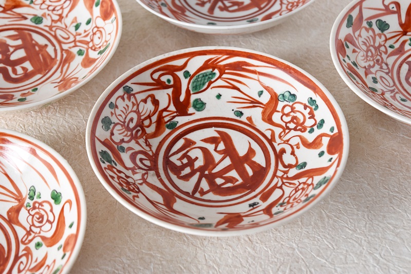 九谷 呉須赤絵花鳥魁字 角福文 5.5寸皿 5枚セット その二 - 生活骨董と