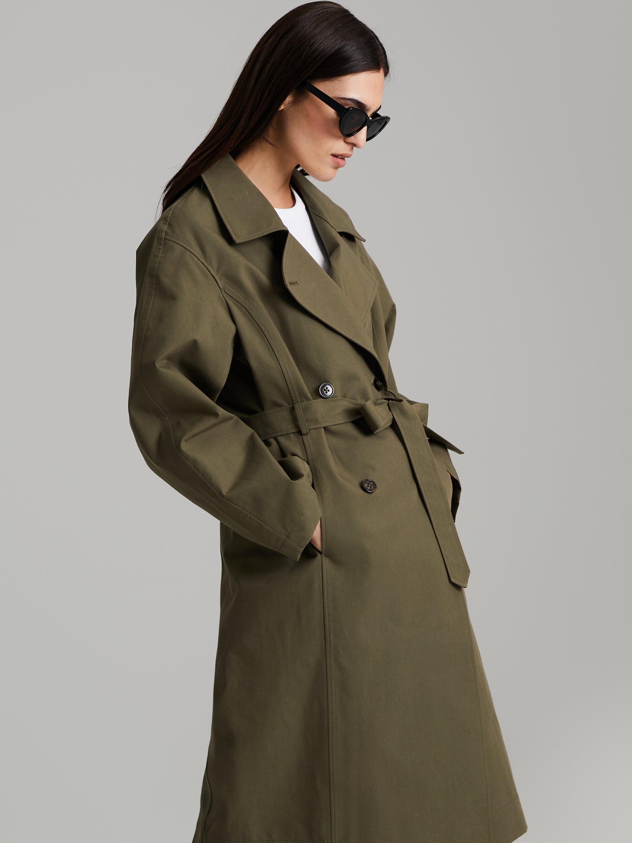 Suela Double-Breasted Olive Green Trench Coat - Andiata – Andiata