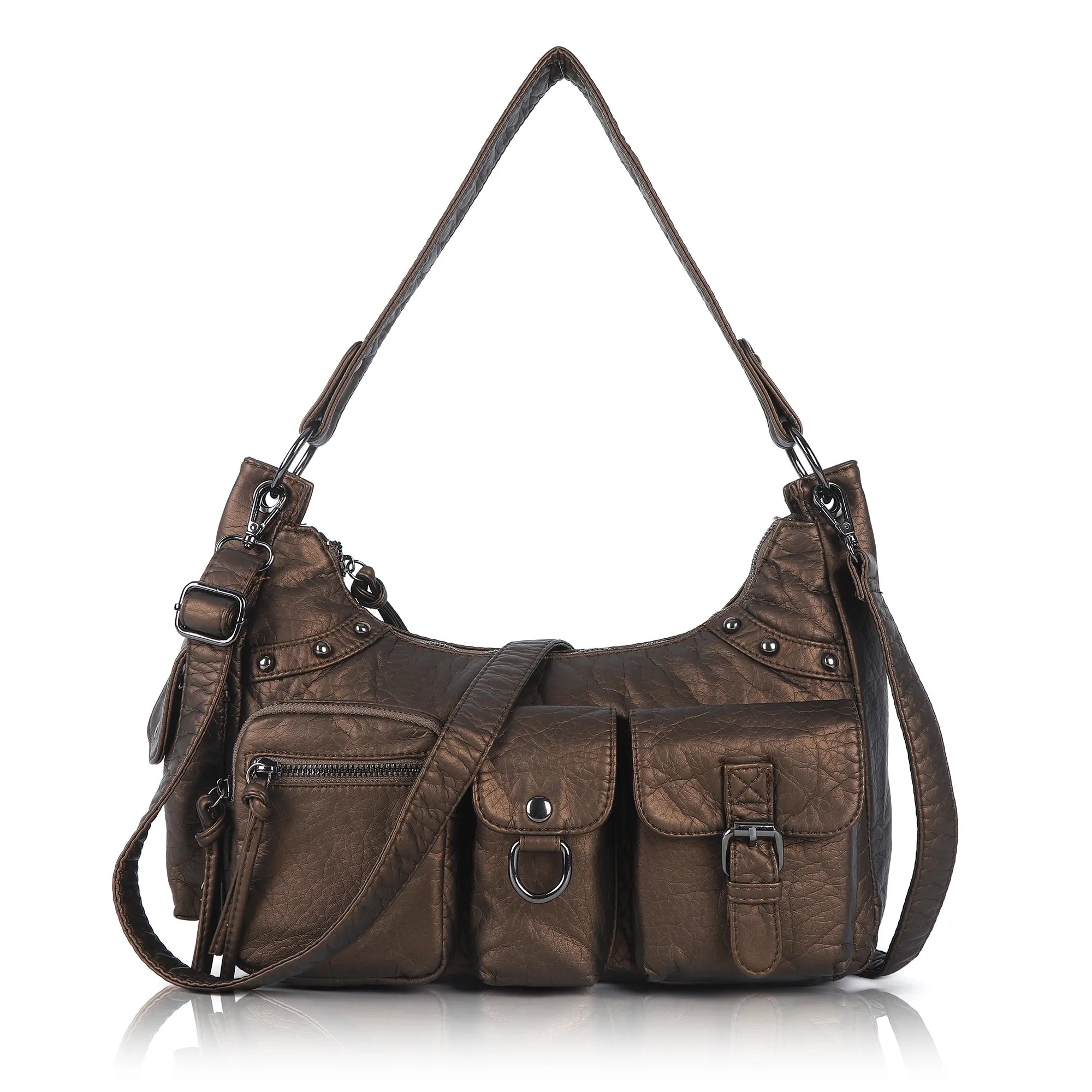 Vintage-Inspired Vegan Leather Shoulder Bag with Multi-Pocket