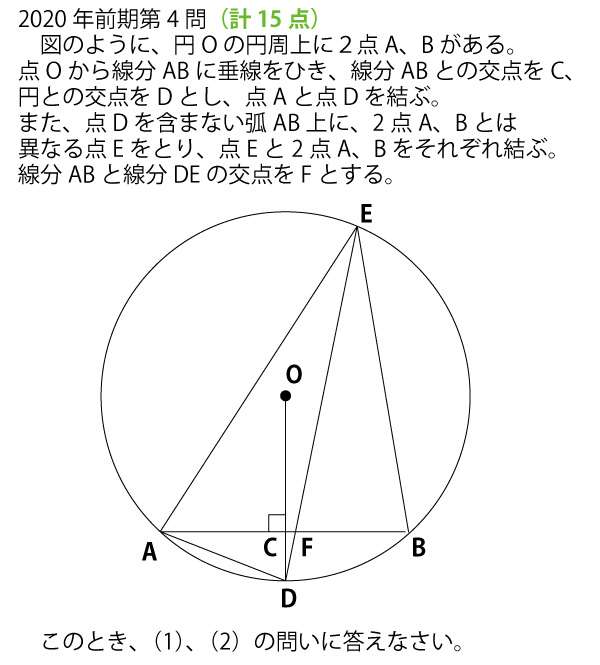 2020年前期、千葉県公立高校入試「数学」第4問「図形の証明」（配点15