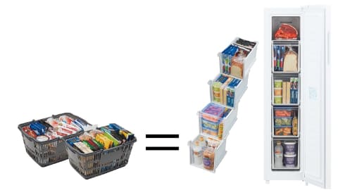 アクア、まとめ買いに幅36cmのスリム冷凍庫。買い物かご2つ分の大容量