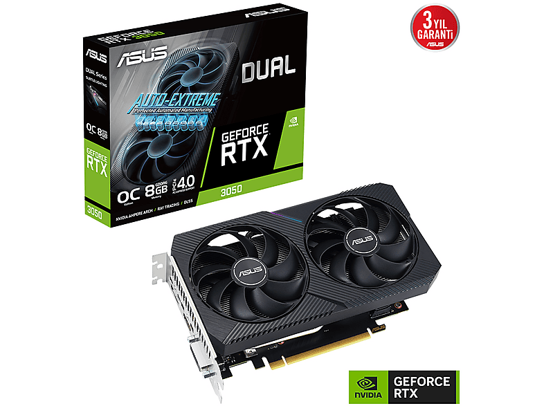 ASUS Dual RTX3050 O8G V2 8GB GDDR6 128bit OC 1852MHz Ekran Kartı