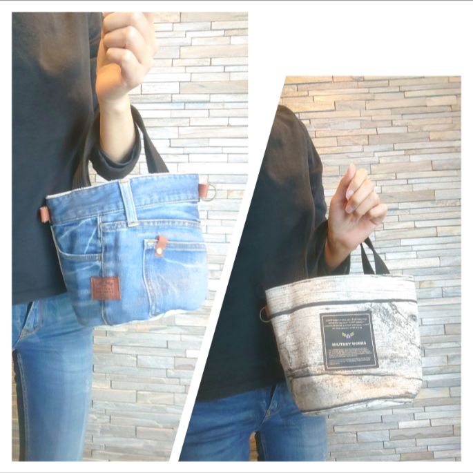 No.62 【デニム👖×木目調×北欧】丸底バケツバッグ👜デニムリメイク