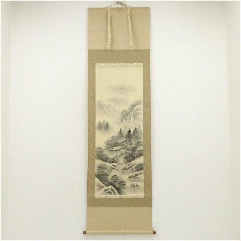 内田玉鳳筆 水墨山水 肉筆絹本掛軸（共箱） 掛け軸 床の間 書 おしゃれ