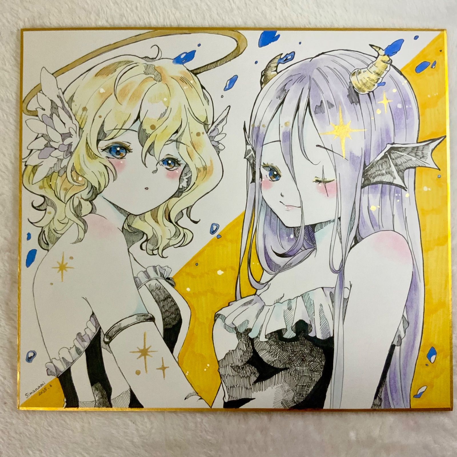 オリジナルイラスト 天使と悪魔ちゃん 色紙大 手描き 原画 女の子