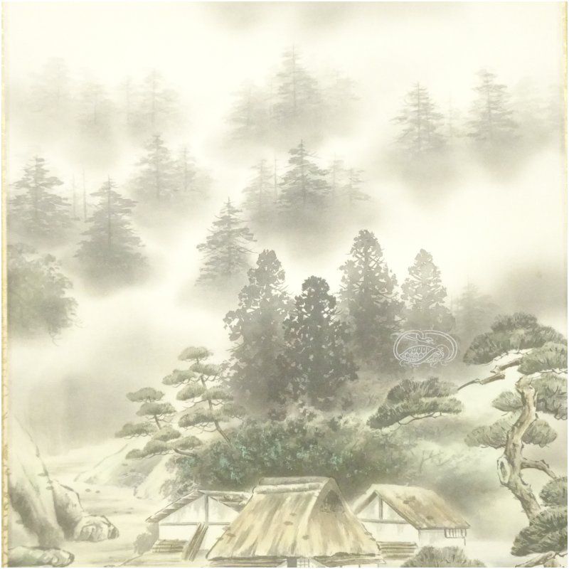 棚橋玄道筆 四神相応山水 肉筆絹本掛軸（共箱）掛け軸 床の間 書