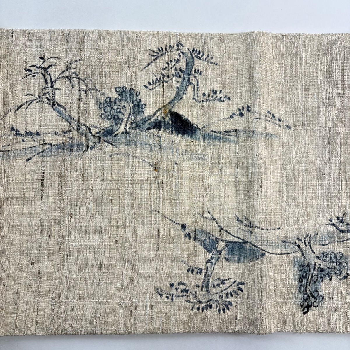 袋帯 名品 落款 紬地 風景 樹木 ベージュ お太鼓柄 正絹 【中古