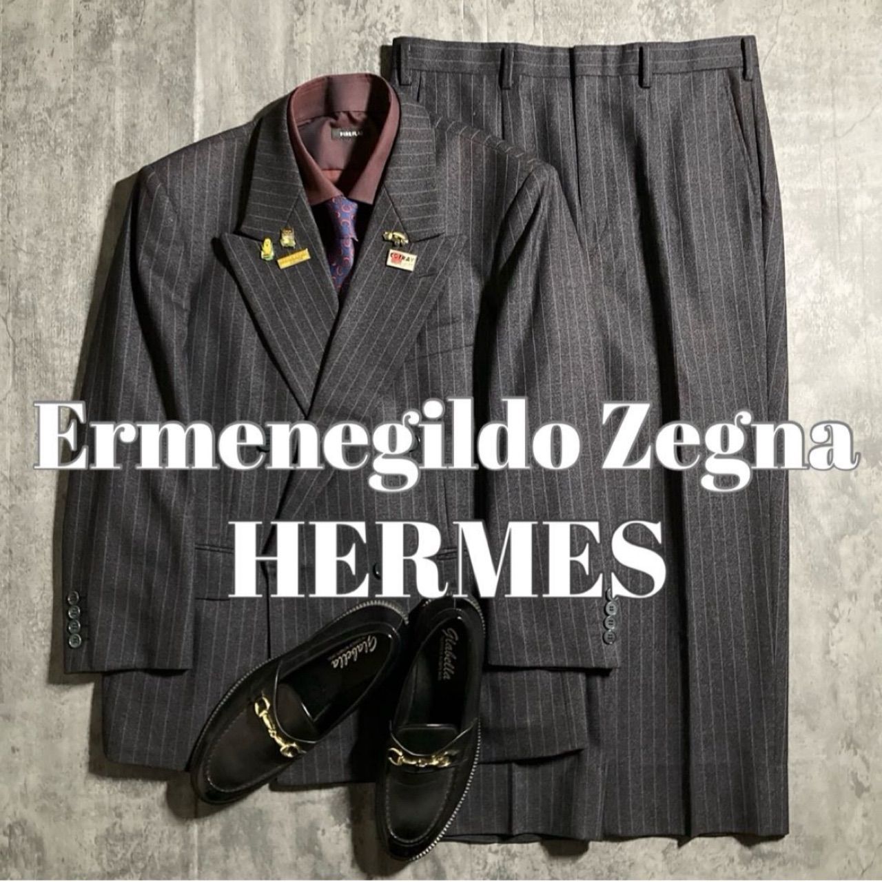 メンズ 極上 Zegnaダブルブレストスーツ HERMES エルメス ネクタイ