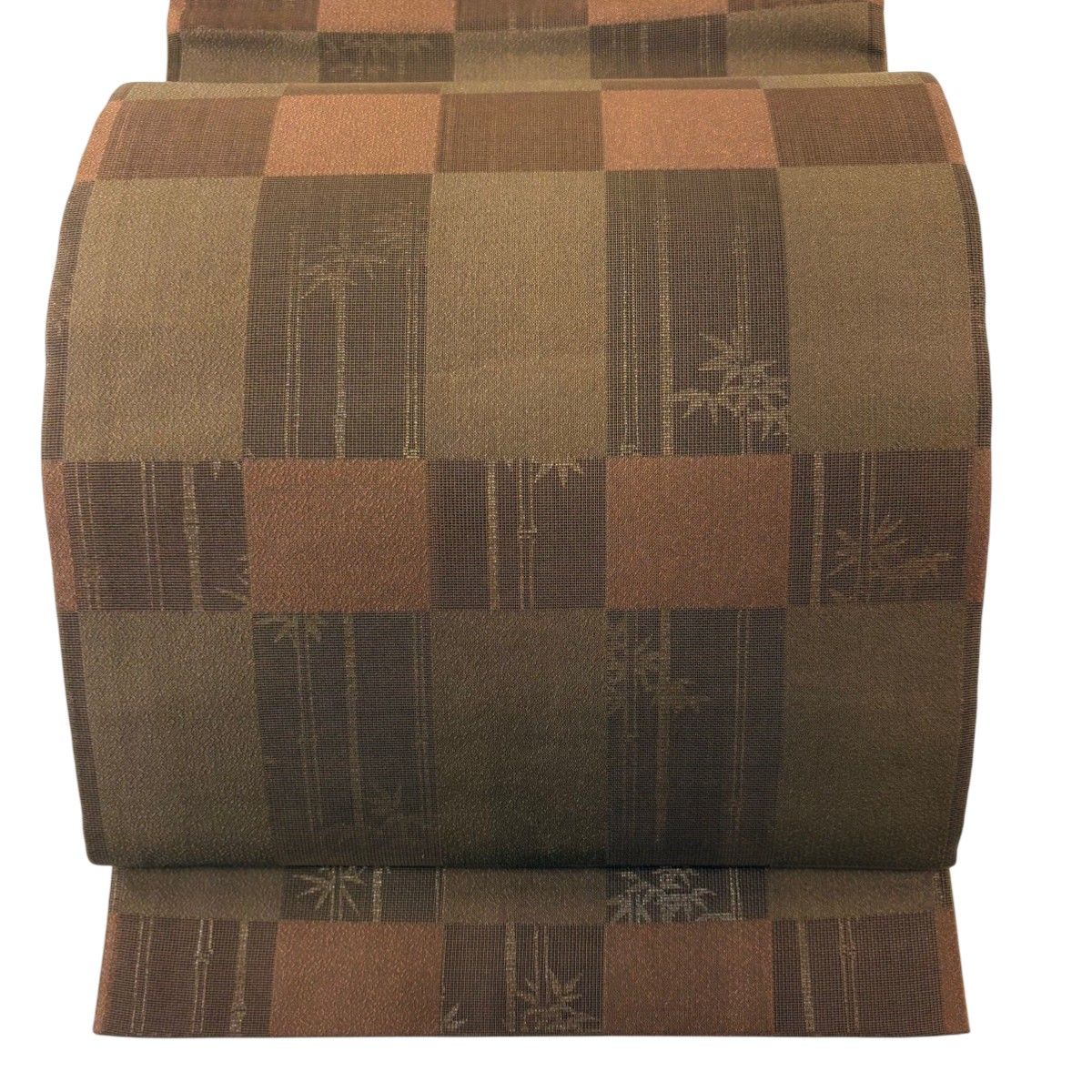 美品】 袋帯 秀品 変わり市松 竹 金彩 焦茶色 全通 正絹 【中古