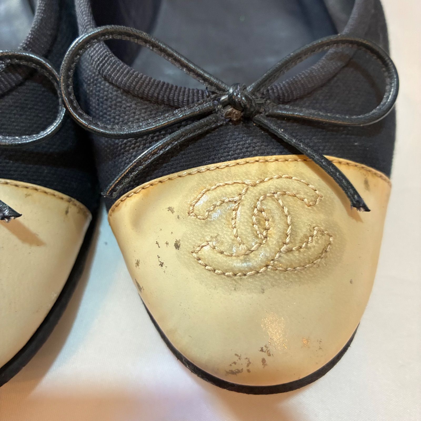 シャネル CHANEL バレリーナ 濃紺×アイボリー 36H（23.5cm相当