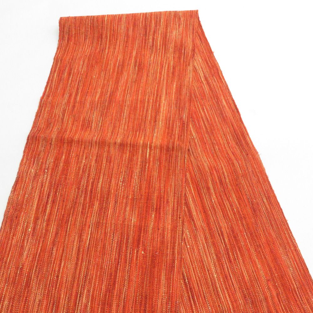 名古屋帯 正絹 紬 オレンジ色x黄色 縞模様 全通柄 着物帯 カジュアル