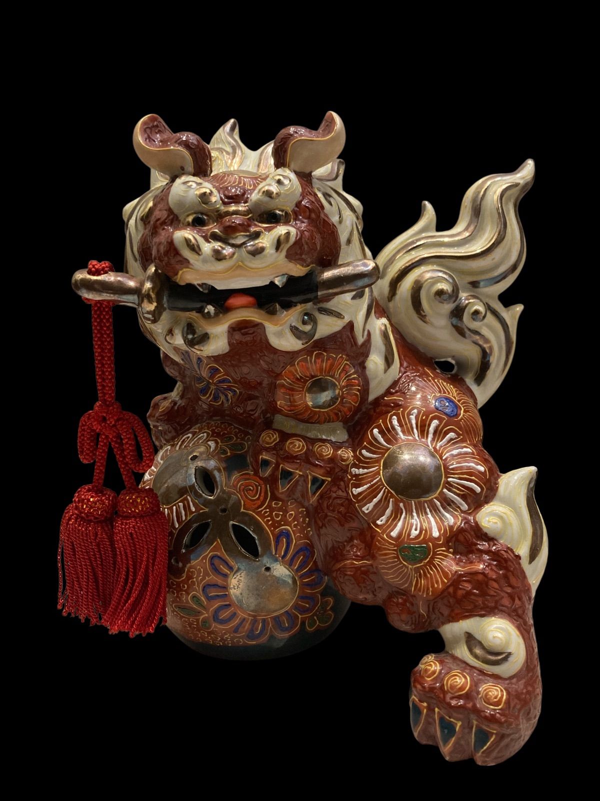 九谷焼 八栄窯 須栄義作 刀咥え 玉乗り獅子 伝統工芸品 魔除け くたに