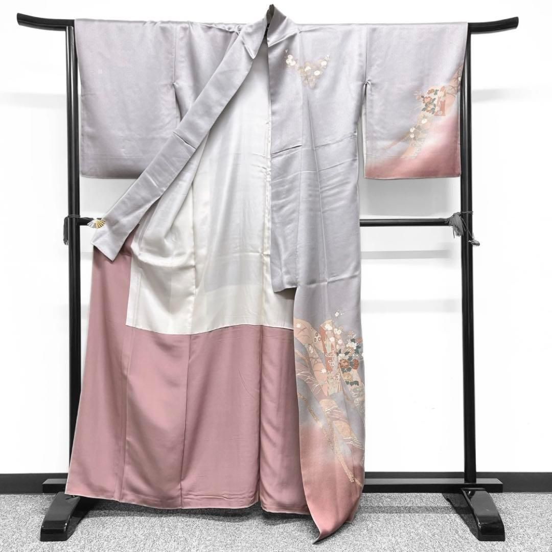 付け下げ 金通し 金駒刺繍 熨斗 牡丹 菖蒲 菊 グレー系 着物 062w d