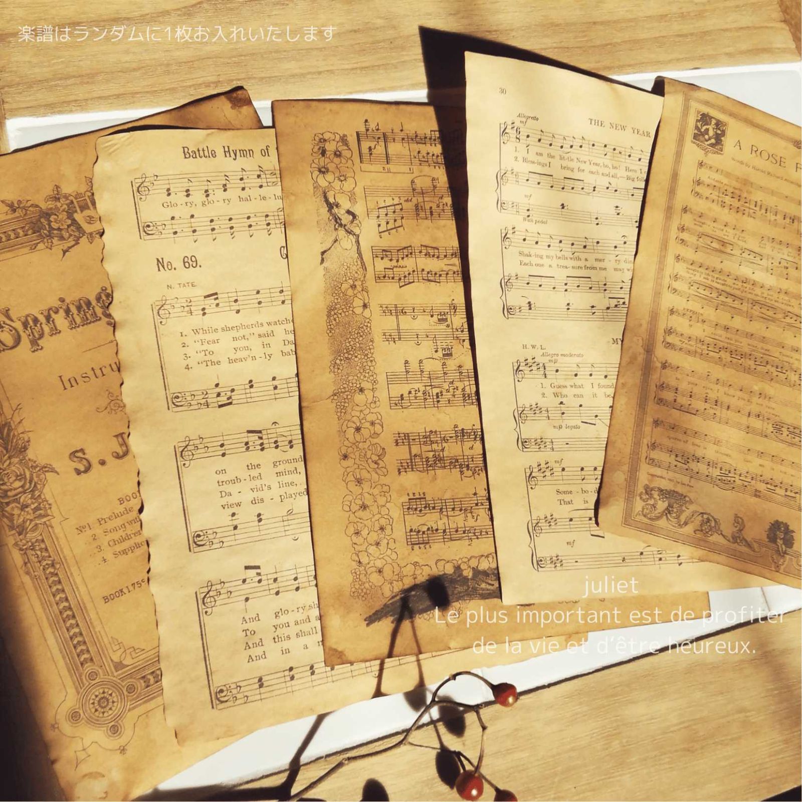 珈琲染めペーパー フランス語本切離し 英字楽譜ランダム 15枚