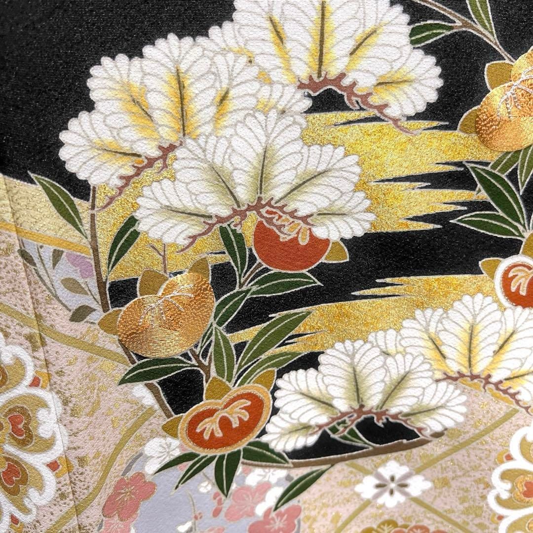 黒留袖 金駒刺繍 金彩 花紋 花菱 梅 松 橘 菊 五つ紋 着物 064a d