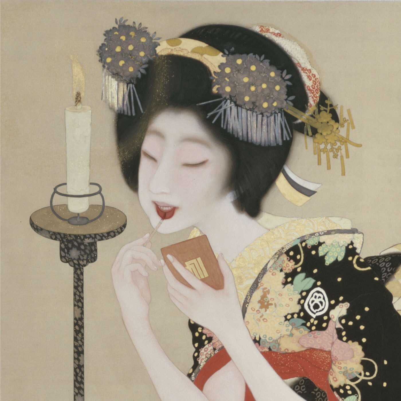 掛軸＜岡本大更＞手鏡に化粧美人図「紅」（HP1442） 掛軸＜岡本大更