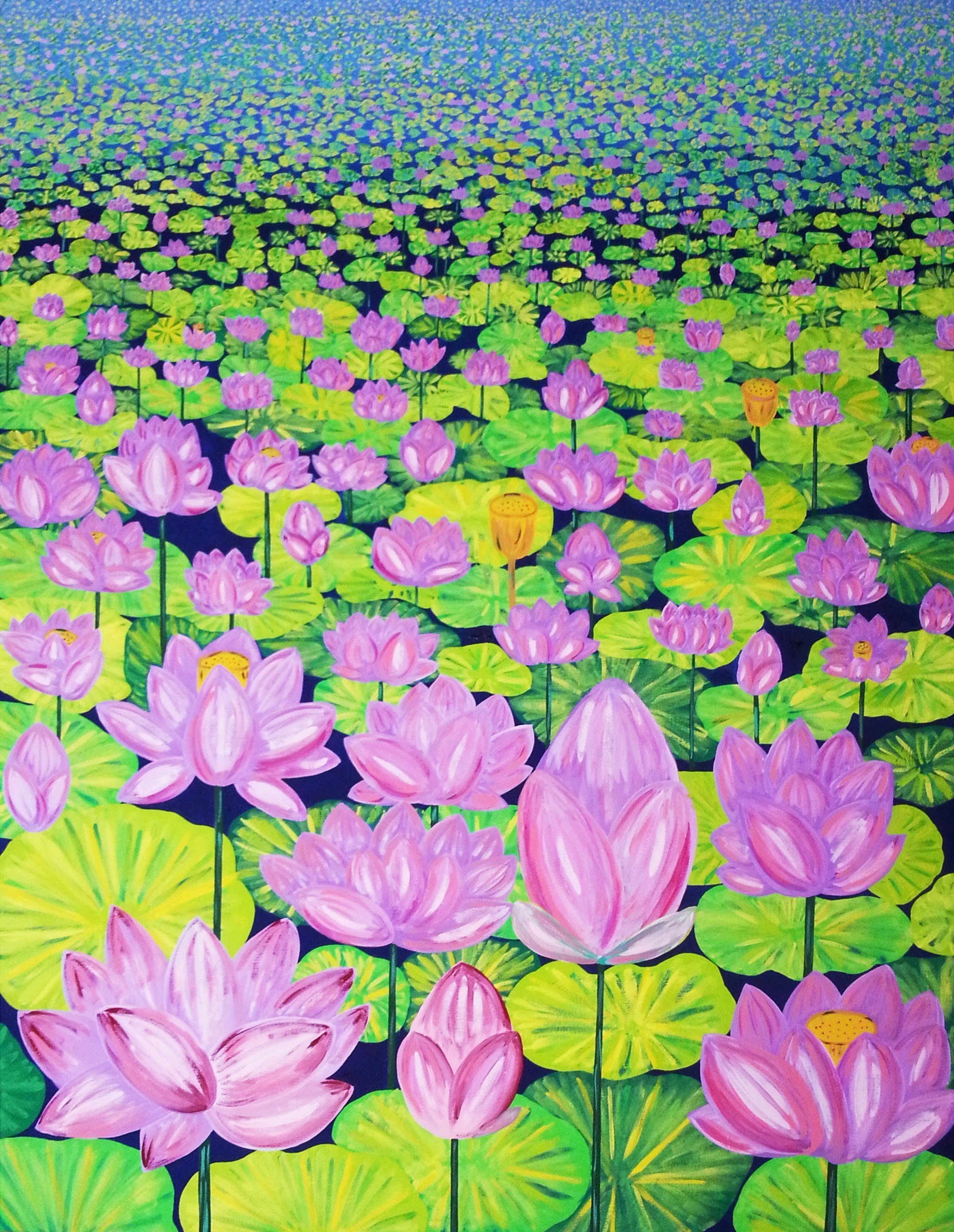 80号の大作の作品紹介⑧ハッピー蓮の花｜ハッピー太陽画家小楠アキコ