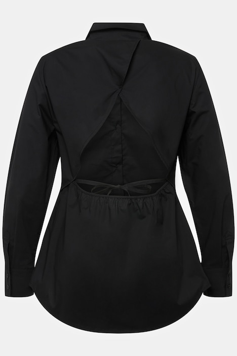 Open Back Button Front Long Sleeve Shirt, black | Ulla Popken