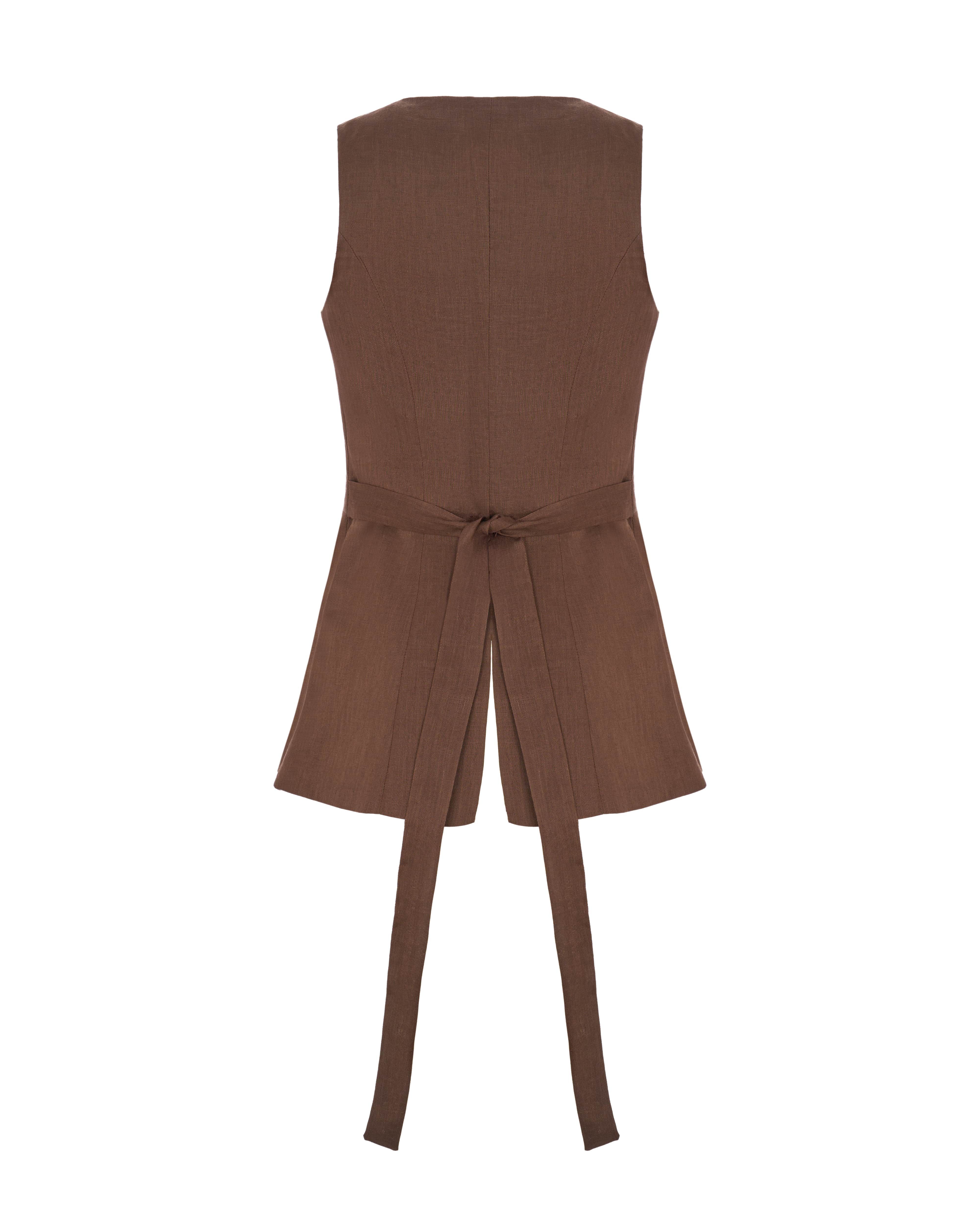 Hemp High Neck Vest with Button Closures and Back Tie - Chocolate