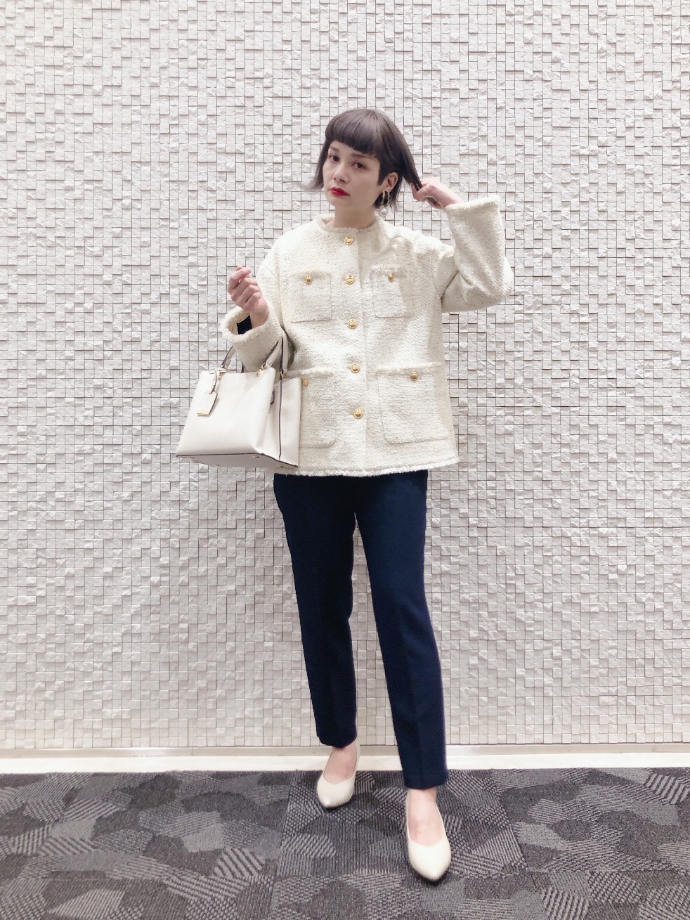 ツイードノーカラージャケット（ラメ糸入り）」の着用コーディネート