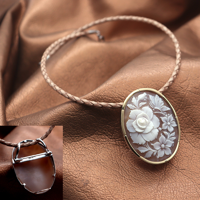 カメオブローチ 花モチーフ｜シェルカメオ 18金枠 ブローチ＆ネックレス