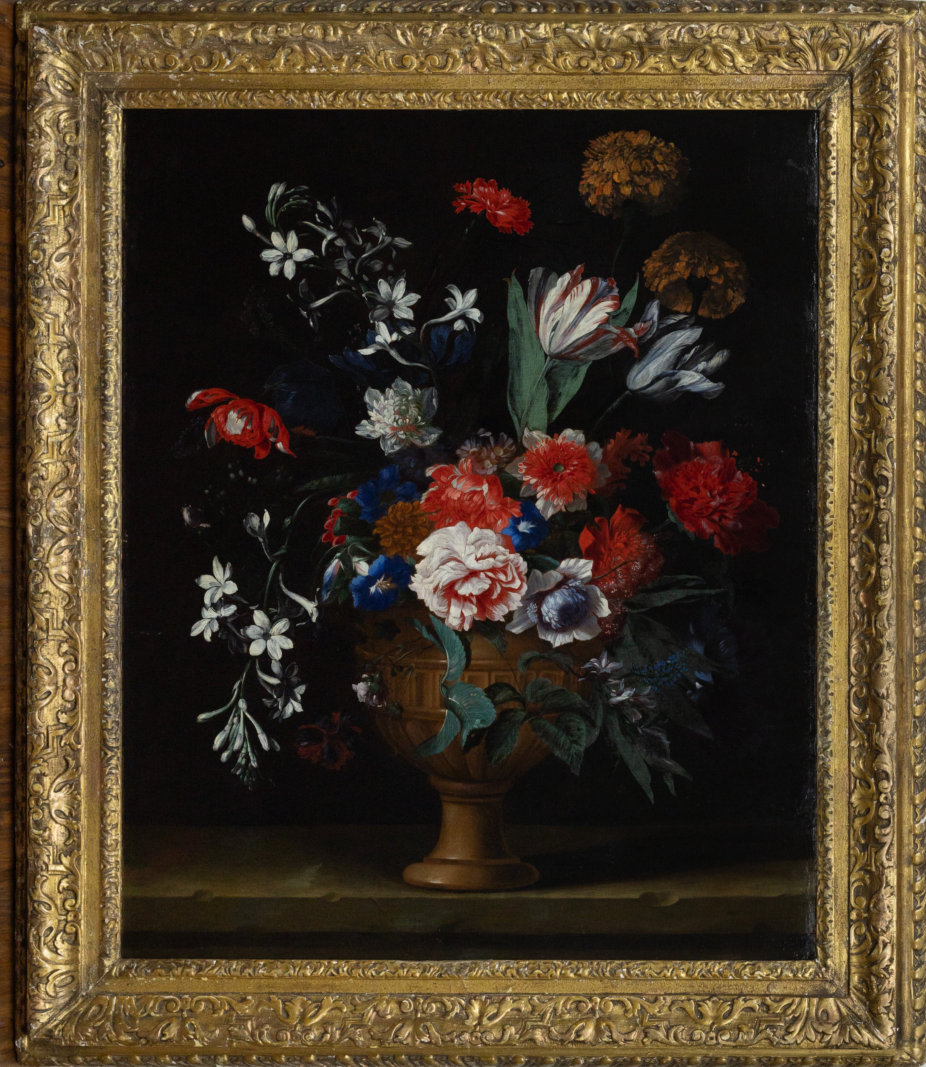 FLEMISH SCHOOL (17th century). Flowers in a vase on a ledge