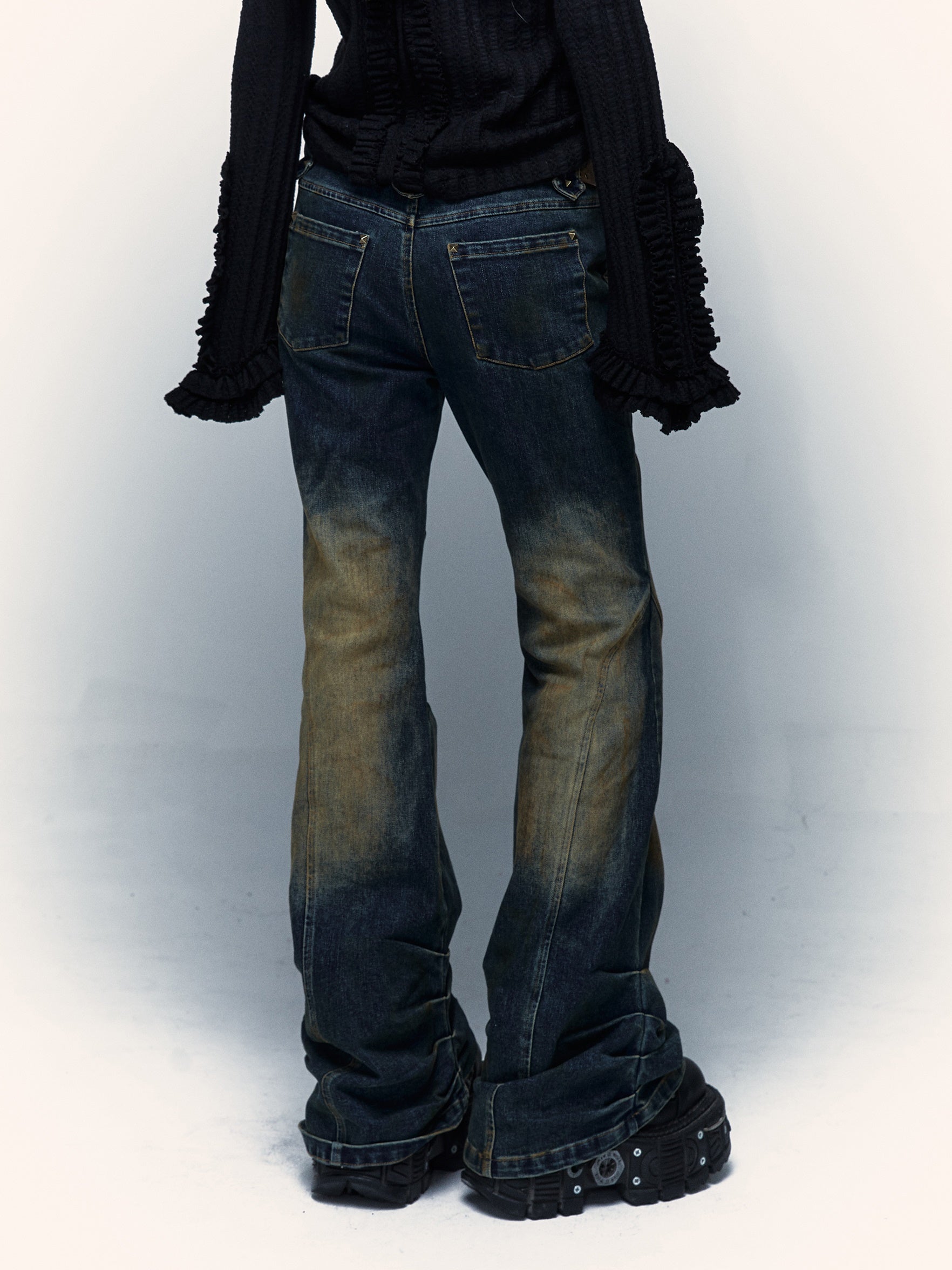 Cross Studs Stretch Washed Distressed Flare Jeans – ARCANA ARCHIVE
