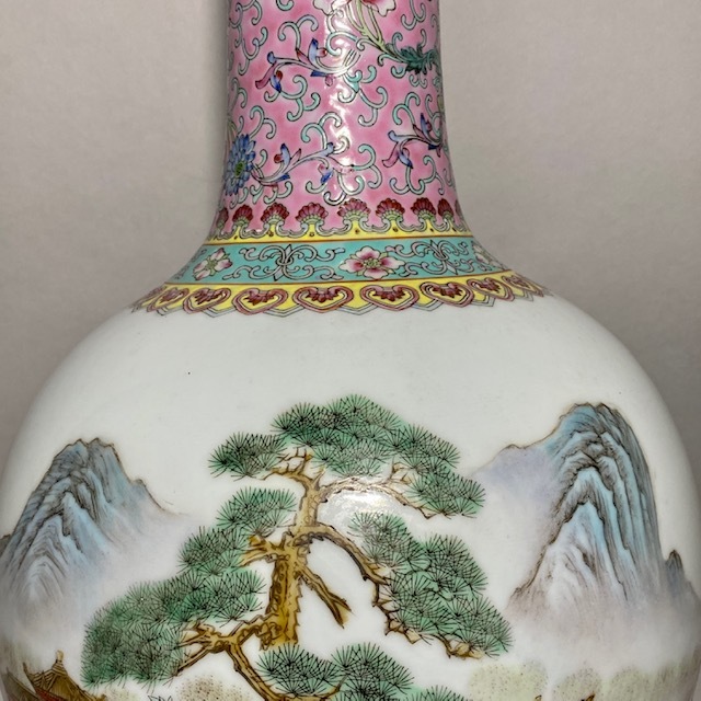 中国美術 彫刻 陶器製 置物 中国古玩美術 花瓶 山水画 焼き物 高さ49