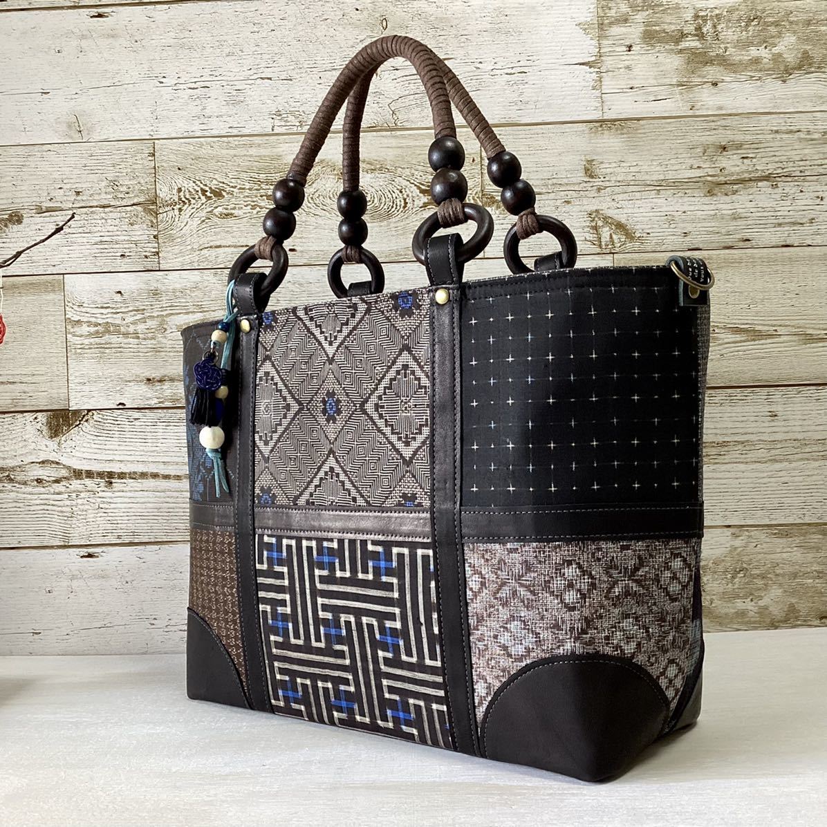 大島紬 × 本革 着物リメイク 大きめ トートバッグ 手提げ 和装バッグ