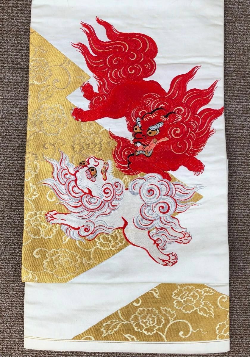 名古屋帯 正絹 九寸 お太鼓柄 獅子 狛犬 唐獅子 牡丹 金糸 白 赤