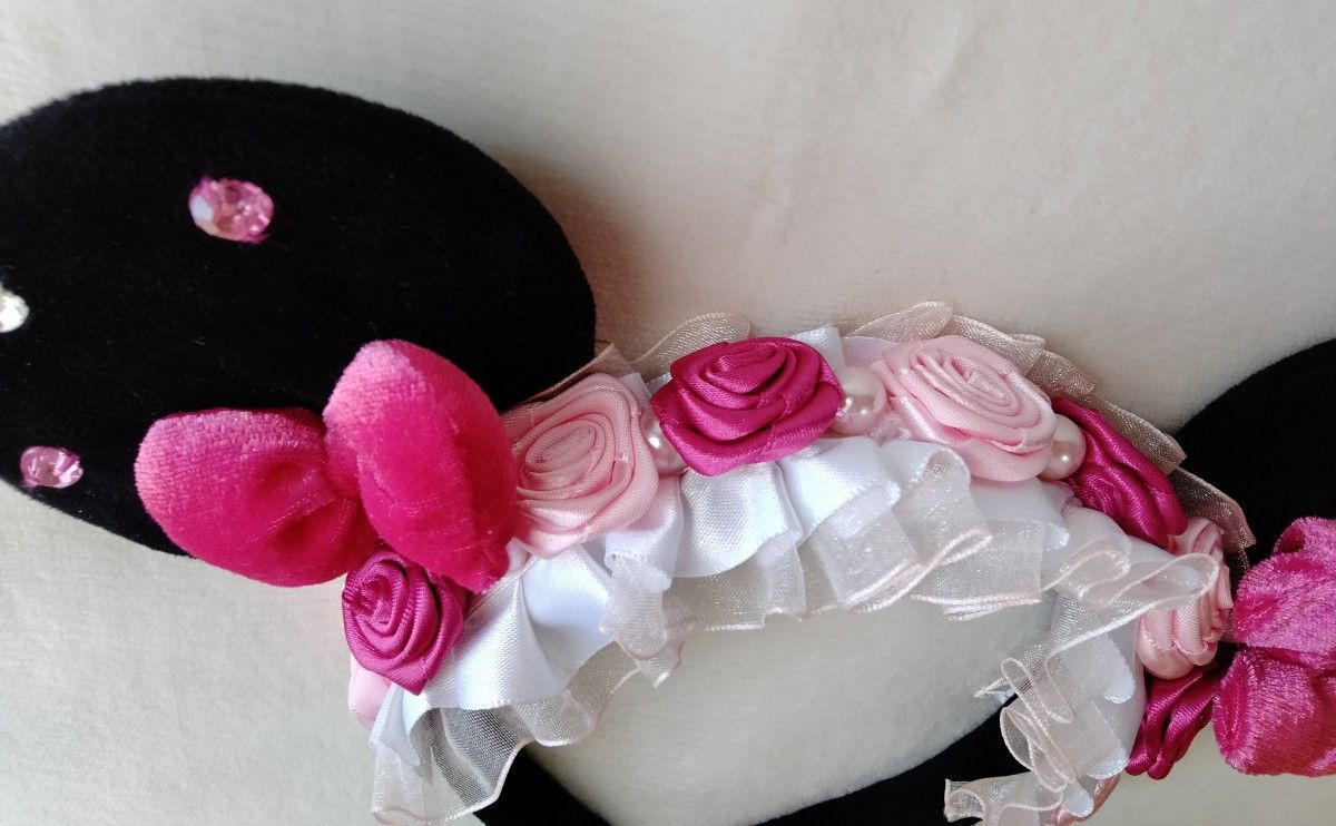 美品 ディズニー ミニー バラ＆パール＆フリル ピンク カチューシャ
