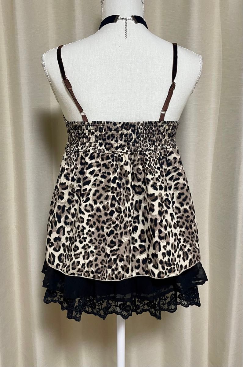 00s y2k 平成ギャル グランジ ヒョウ柄 レース キャミソール フリル M